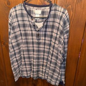 Career Club Navy, White and Red Plaid Henley Top